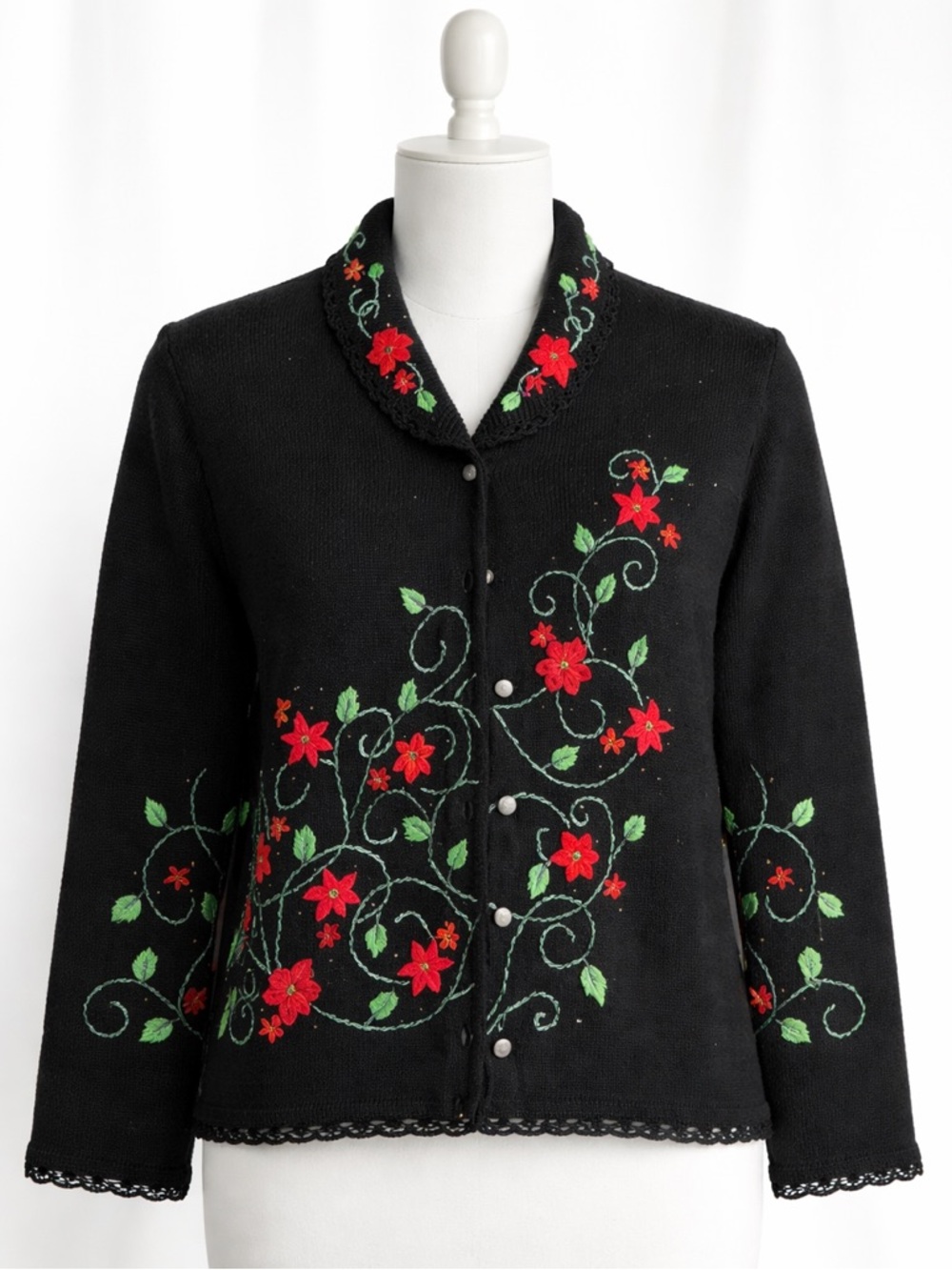 Vintage Arriviste Black, Holiday Embroidered, Cardigan- M